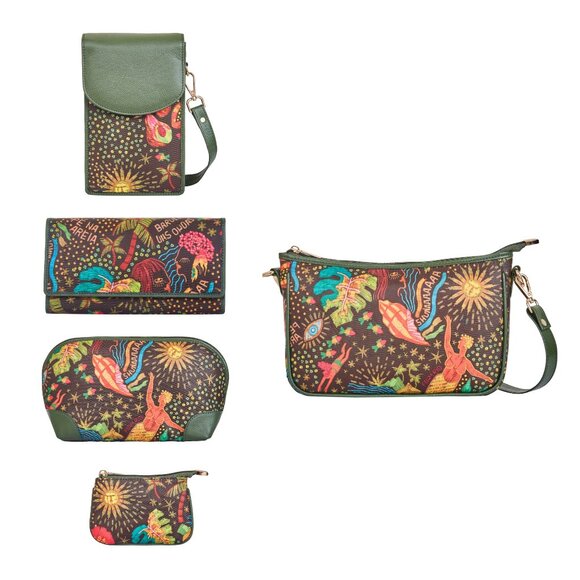 Women’s Fabric Printed 5-Pc Combo–Hobo, Phone Bag, Wallet, Cosmetic & Coin Pouch - Picture 1 of 9